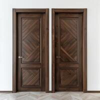 Dark brown wooden door with diagonal grooves on the surface with white wall in background. photo