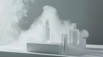 Minimalistic skincare in white and transparent plastic bottles surrounded by foggy. photo