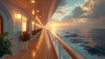 The wide aisle of the cruise ship with the seaside scenery. photo