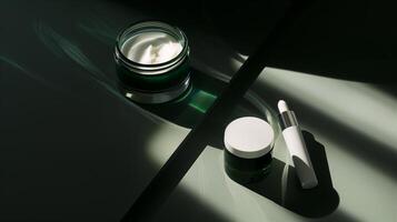 A dark green background with skincare products placed on it, surrounded by sunlight. photo