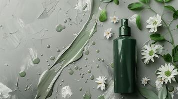 Top view of a dark green cosmetic liquid product with white flowers and leaves on a gray background. photo