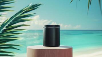 A matte black jar on an elegant wooden podium in front of the ocean with palm leaves. photo