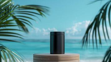 A matte black jar on an elegant wooden podium in front of the ocean with palm leaves. photo