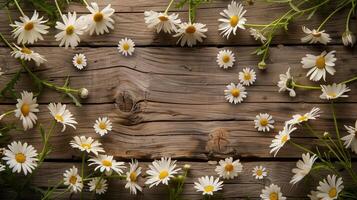 A background of vibrant white daisies scattered around a rustic wooden surface. photo