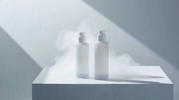 Minimalistic skincare in white and transparent plastic bottles surrounded by foggy. photo