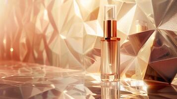 A high-end cosmetic product photograph featuring, placed against an abstract background with geometric patterns. photo