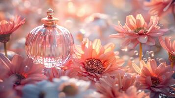 A bottle of perfume surrounded by blooming flowers. photo
