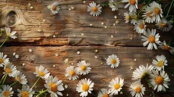 A background of vibrant white daisies scattered around a rustic wooden surface. photo