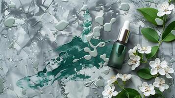 Top view of a dark green cosmetic liquid product with white flowers and leaves on a gray background. photo