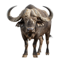 A dominant African buffalo stands majestically in front of a plain white backdrop, a african buffalo isolated on transparent background png