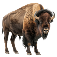 ein amerikanisch Bison Stehen fest im Vorderseite von ein einfach Weiß Hintergrund, ein amerikanisch Bison isoliert auf transparent Hintergrund png