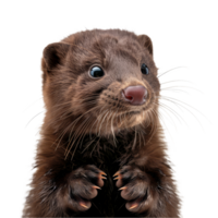 A brown ferret locks eyes with the camera as it gazes upward, a american mink isolated on transparent background png