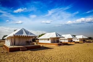 Tent camp in desert. Jaisalmer, Rajasthan, India. photo