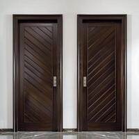 Dark brown wooden door with diagonal grooves on the surface with white wall in background. photo