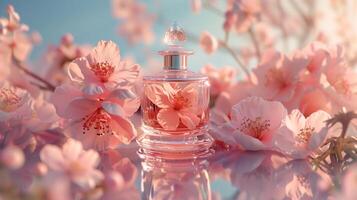 A bottle of perfume surrounded by blooming flowers. photo