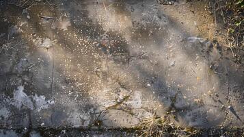 A top-down photography of a dirty driveway with a concrete texture. photo