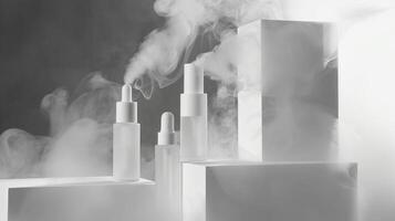 Minimalistic skincare in white and transparent plastic bottles surrounded by foggy. photo