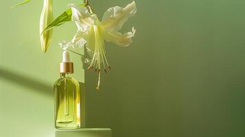 A bottle of face oil is placed on top, a flower hanging by it, against a green background. photo