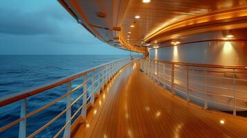 The wide aisle of the cruise ship with the seaside scenery. photo