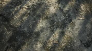 A top-down photography of a dirty driveway with a concrete texture. photo