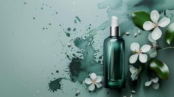 Top view of a dark green cosmetic liquid product with white flowers and leaves on a gray background. photo