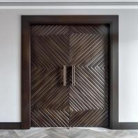 Dark brown wooden door with diagonal grooves on the surface with white wall in background. photo
