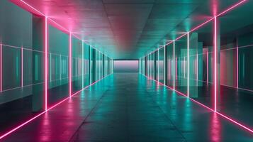 un largo corredor con vaso paredes, azul y rosado neón luz, futurista arquitectura. foto