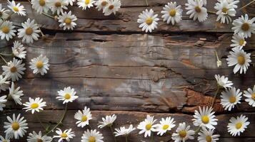 A background of vibrant white daisies scattered around a rustic wooden surface. photo