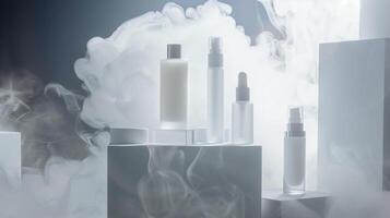 Minimalistic skincare in white and transparent plastic bottles surrounded by foggy. photo