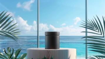 A matte black jar on an elegant wooden podium in front of the ocean with palm leaves. photo