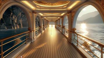 The wide aisle of the cruise ship with the seaside scenery. photo