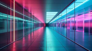 A long corridor with glass walls, blue and pink neon light, futuristic architecture. photo