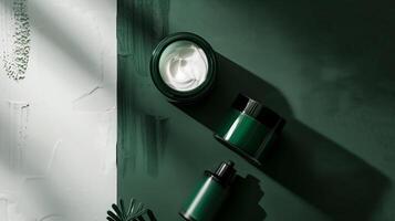 A dark green background with skincare products placed on it, surrounded by sunlight. photo