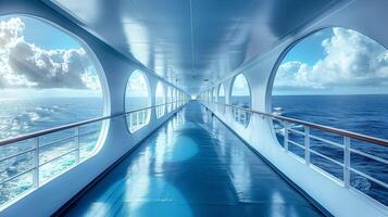 The wide aisle of the cruise ship with the seaside scenery. photo