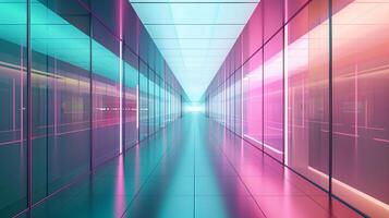 A long corridor with glass walls, blue and pink neon light, futuristic architecture. photo