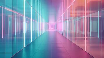 A long corridor with glass walls, blue and pink neon light, futuristic architecture. photo