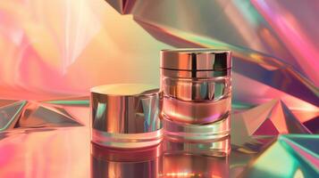 A high-end cosmetic product photograph featuring, placed against an abstract background with geometric patterns. photo