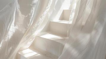 blanco lino tela cubierto terminado un blanco escalera. foto