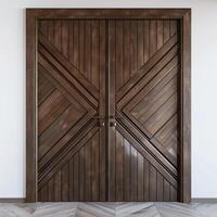 Dark brown wooden door with diagonal grooves on the surface with white wall in background. photo