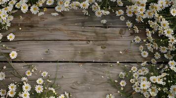 A background of vibrant white daisies scattered around a rustic wooden surface. photo