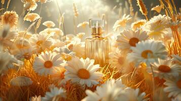 A bottle of perfume surrounded by blooming flowers. photo