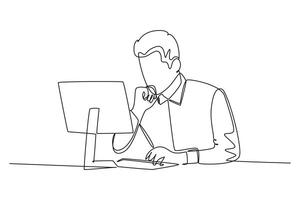 Continuous one line drawing young business manager sitting on his desk in front of laptop and thinking strategy to grow corporation. Company growth. Single line draw design graphic illustration vector