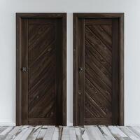 Dark brown wooden door with diagonal grooves on the surface with white wall in background. photo