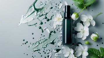 Top view of a dark green cosmetic liquid product with white flowers and leaves on a gray background. photo