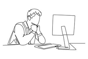 Single continuous line drawing young male manager sitting on his chair and thinking seriously watching the computer screen. Business analyze concept. One line draw graphic design illustration vector