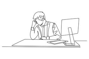 Single continuous line drawing young tired pensive male employee with work overload. He is seriously reading and staring at sales data. Work overtime. One line draw graphic design illustration vector