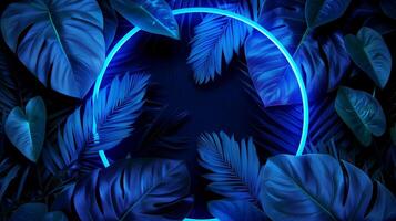A blue neon frame with leaves on dark background. photo