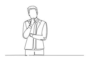 Continuous one line drawing front view of young startup founder standing and thinking about business strategy for office meeting. Business ideas concept. Single line design graphic illustration vector