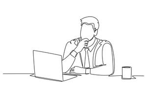 Single continuous line drawing young male worker sitting and thinking seriously in front of computer screen at the office. Work focus concept. Dynamic one line draw graphic design illustration vector