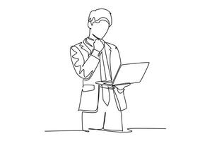 Single one line drawing young business man standing while holding tablet and thinking about business strategy at the office. Business idea concept. Continuous line design graphic illustration vector